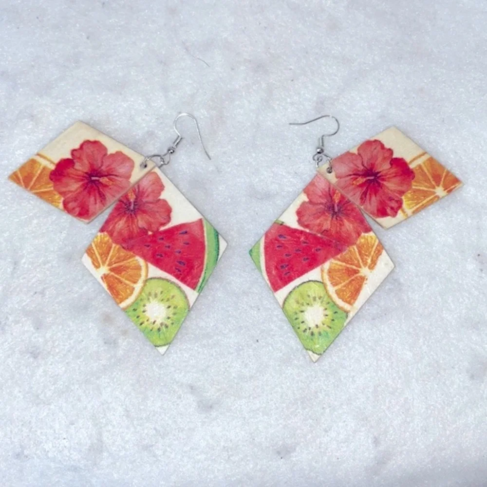 Lightweight Tropical Wood Dangle Earrings Hibiscus Kiwi Watermelon 3” Tiered - Picture 3 of 8